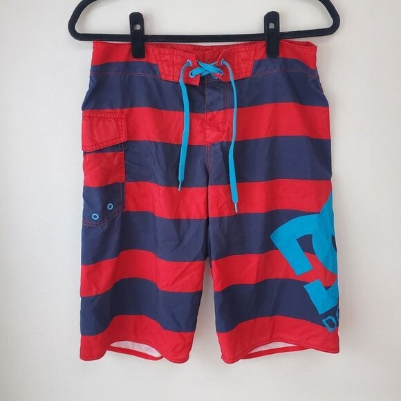 DC Shoes Red Blue Striped Board Shorts Logo Swim Trunks Men's 30 - Picture 1 of 6